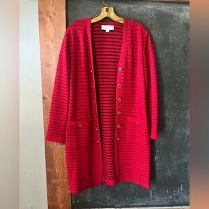 St. John Red and Navy Striped Long Line Cardigan size 6 euc